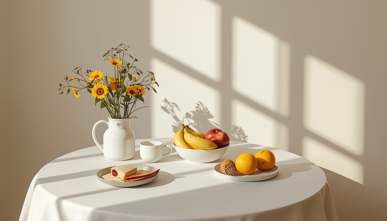 Sunlit table with a simple morning meal and fresh fruit