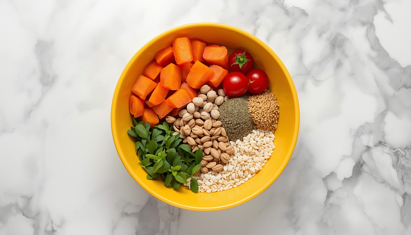 Colorful bowl of vegetables grains and herbs on a marble surface