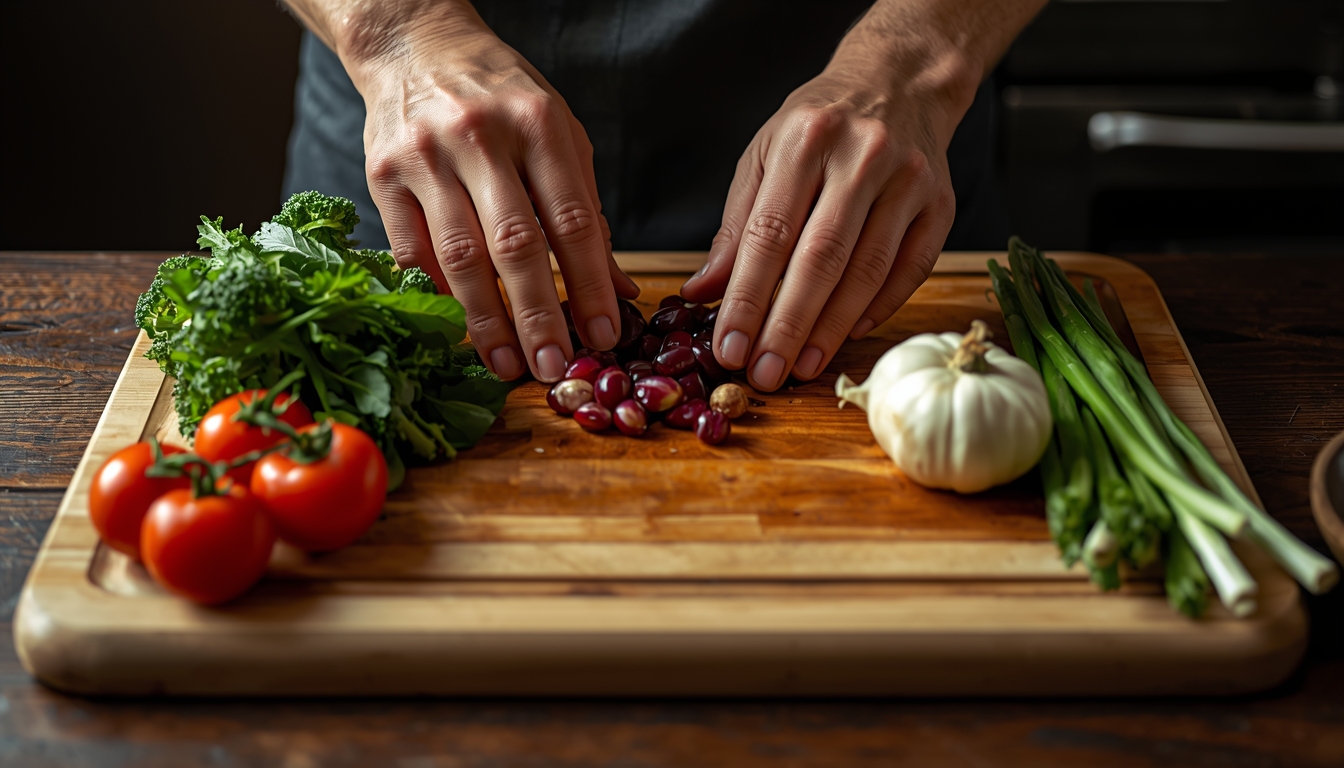 Hands arranging fresh ingredients on a wooden kitchen board