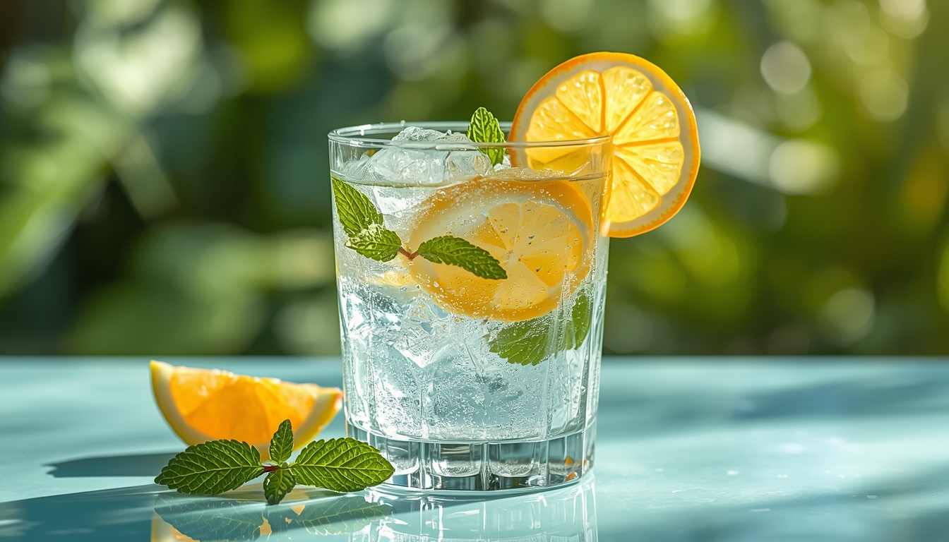 Clear glass of water with citrus and mint on a bright surface