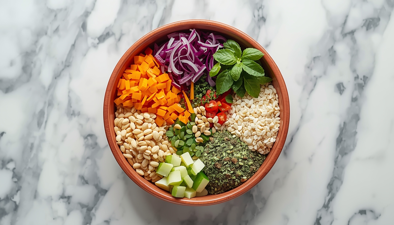 Colorful bowl of vegetables grains and herbs on a marble surface